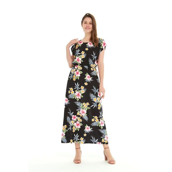 HAWAIIAN HANGOVER Cap Sleeve Maxi Floral Dress Sz 2X Hibiscus Flowers Black NWT - Picture 2 of 13